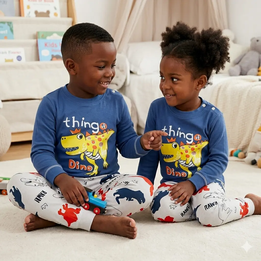 Brother and sister in matching dino pyjamas